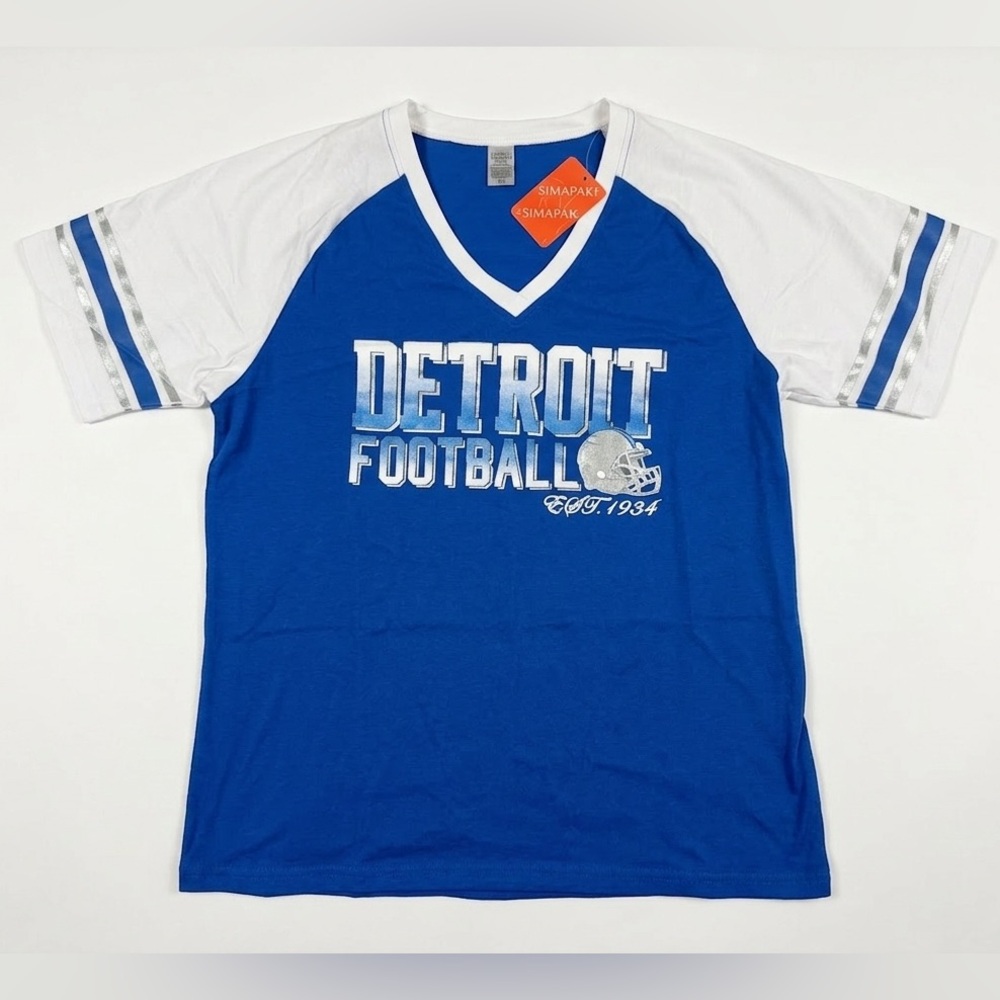 Detroit Football Est 1934 T-Shirt Blue White V-Neck Size L NWT